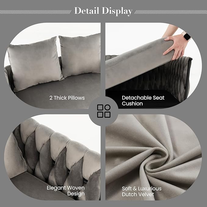 KOMFOTT 43” Loveseat Sofa, Modern Upholstered 2-Seat Sofa with 2 Back Pillows, Woven Backrest & Armrest, Mid Century Modern Dutch Velvet Sofa for Living Room Bedroom Apartment (Gray)