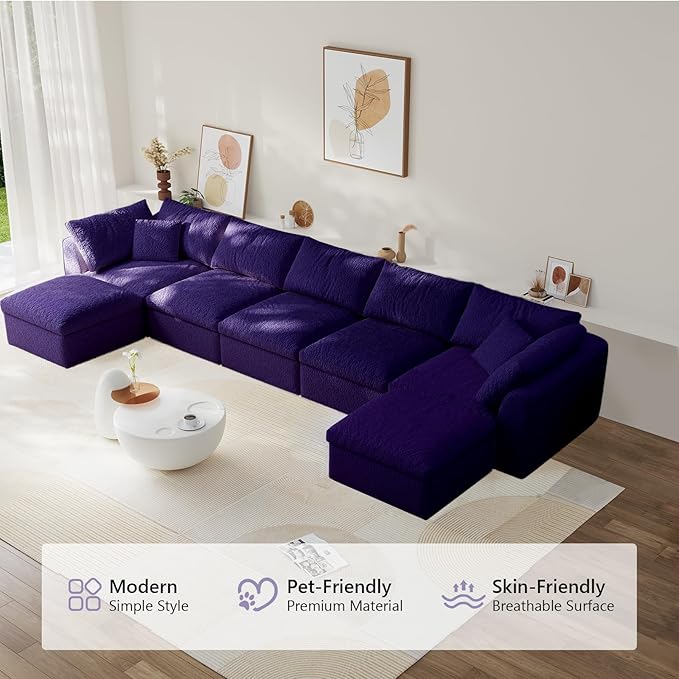 Modular Sectional Sofa Boneless Cloud Couch for Living Room, U Shape Deep Seat Recliner Sofa with Ottoman, Adjustable Backrest & 2 Throw Pillows - Covers Washable, (Purple, 5 Seater+2 Ottoman)