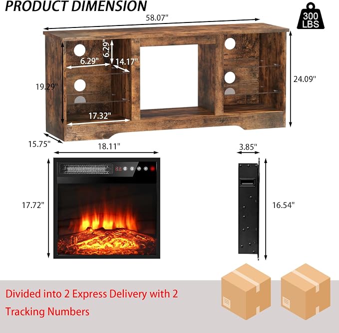 PRETZI Fireplace TV Stand with 18" Fireplace Up to 65" TVs, 58" Entertainment Center with LED Lights, TV Media Console with Adjustable Glass Shelves and Storage Cabinets for Living Room, Brown - Image 6