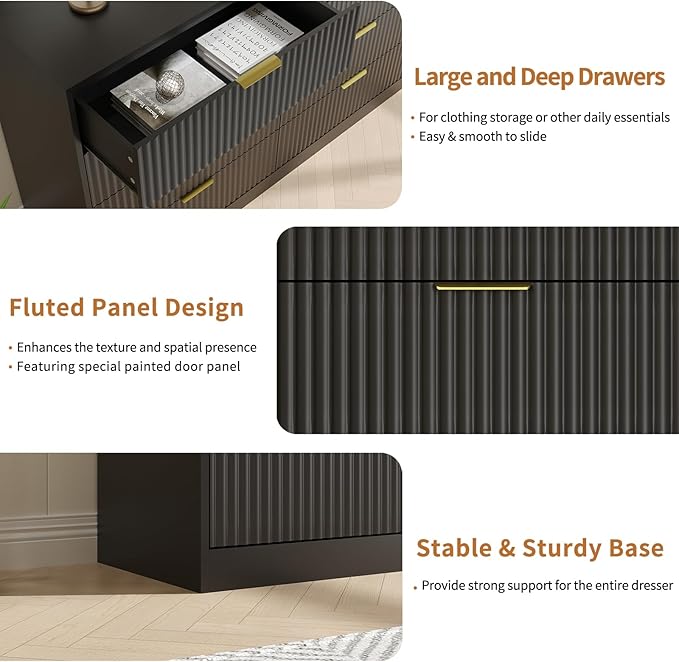 Black Dresser Set of 2, Long Dresser for Bedroom Wooden with 18 Drawers, Fluted Modern Bedroom Furniture Set, TV Stand Dressers & Chests of Drawers for Closet (15.7"D x 125.8"W x 31.8"H)