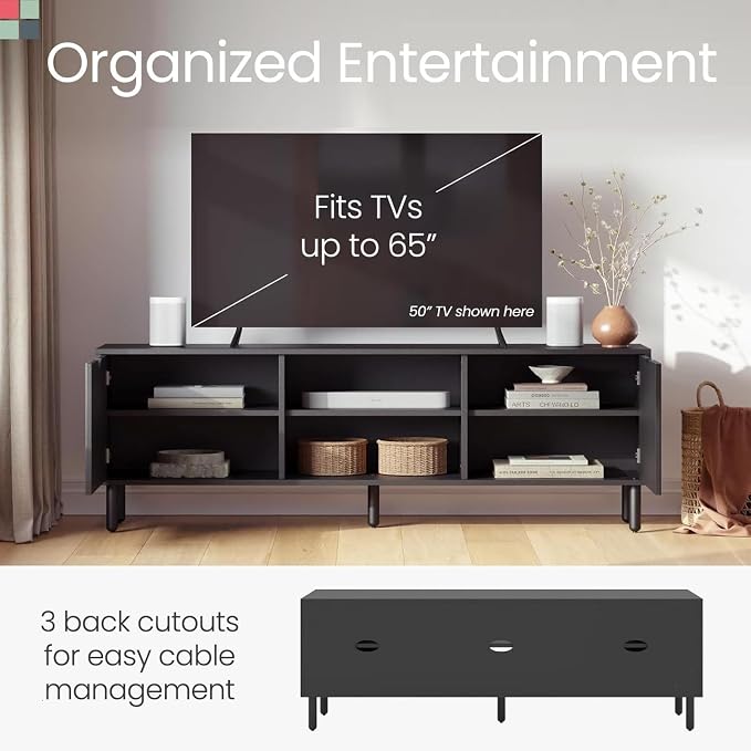 Stead Fluted Wood TV Stand - Soft-Close Doors & Adjustable Shelves TV Console with Storage - Cable Management Entertainment Center - Fluted Doors Hide Components Media Stand - Black, 70 - Image 6