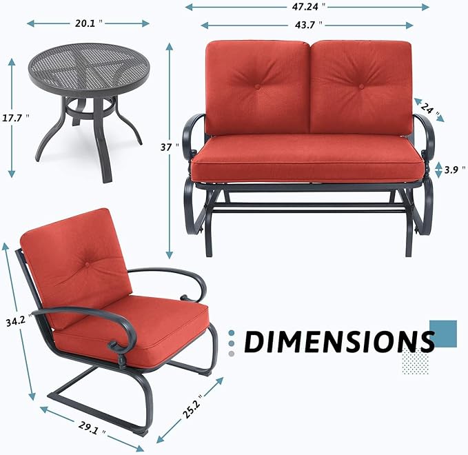 SOLAURA 4-Piece Outdoor Furniture Patio Conversation Sets Swing Glider Loveseat and Spring Lounge Chairs with Side Table for Garden, Deck, Balcony, Poolside, Lawns (Red)