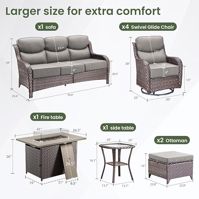 Luxury Patio Furniture Set with 6-inch Thick Cushion, Outdoor Furniture with Fire Pit Table, Swivel Chairs, Sofa, Side Table, Ottomans, 9pcs Wicker Conversation Set for Deck Yard and Poolside(Grey)