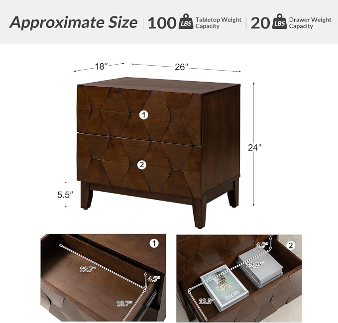 HULALA HOME Modern End Table with Charging Station, 2 Drawers Side Table with Solid Wood Legs, Walnut - Image 2