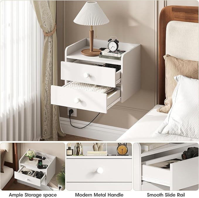 Floating Nightstand Set of 2 with 2 Storage Drawers and Charging Station Wood Wall Mounted Bedside End Table Modern Night Stands Set 2 for Bedroom,Small Space,White - Image 5
