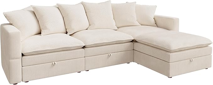 HONBAY Modular Sectional Sofa, 105.5 Inch Corduroy Sectional Couch, 4 Seaters L Shaped Sofa with Storage & Pillows for Living Room, Beige