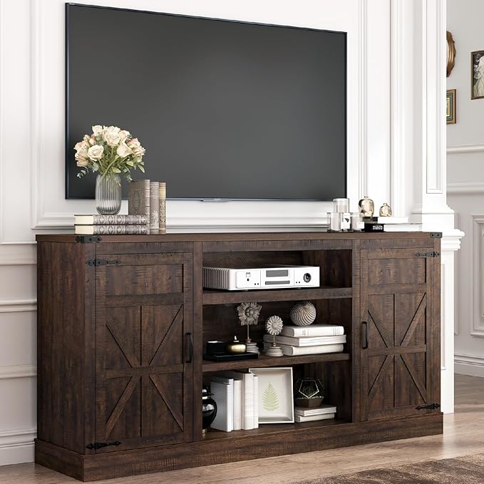 Hlivelood 66" Farmhouse TV Stand with Power Outlets for 75 Inch TVs, 33" Tall Entertainment Center with Storage Cabinets w/Adjustable Shelves, Rustic Large TV Media Console for Living Room, Brown by Hlivelood