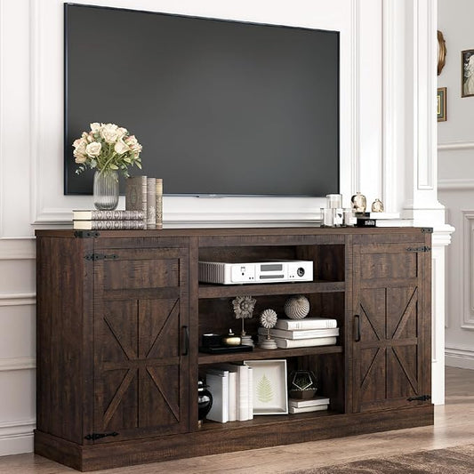 Hlivelood 66" Farmhouse TV Stand with Power Outlets for 75 Inch TVs, 33" Tall Entertainment Center with Storage Cabinets w/Adjustable Shelves, Rustic Large TV Media Console for Living Room, Brown by Hlivelood