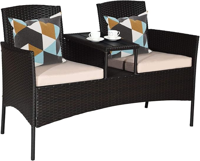 Tangkula Outdoor Rattan Loveseat with Built-in Coffee Table, 2-Person Patio Conversation Set with Cushions & Table, Modern Patented Wicker Sofa Set, Wicker Sofa for Garden Lawn Backyard, Beige