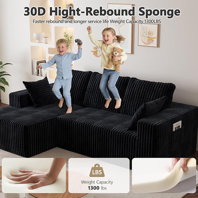 96" Cloud Sectional Couches for Living Room, Modular Sectional Sofa with Chaise, Upholstered Boneless Couches, Comfy Flannel Fluffy Couch with Pillows and Side Pockets No Assembly(Black)