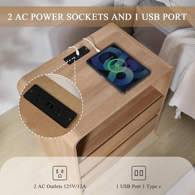 Modern Nightstands Set of 2, Oak Night Stand with Charging Station, Wood End Table with 2 Drawers, 23.6'' Wide Bedside Cabinet for Bedroom - Image 7