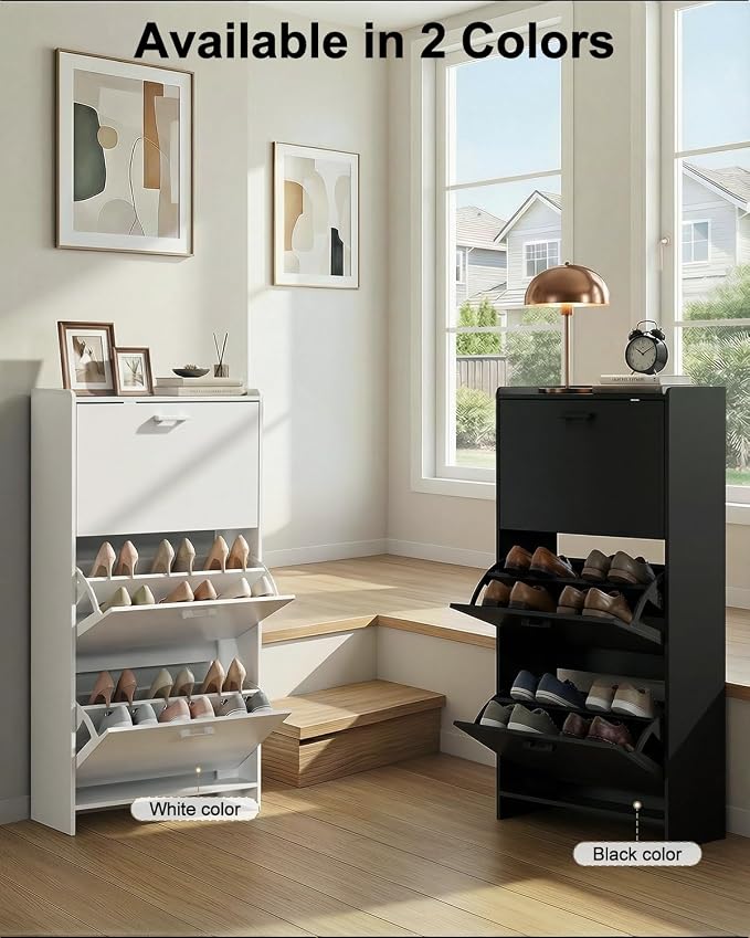 Shoe Cabinet with 2 or 3 Flip Drawers, Narrow Shoe Storage Cabinet, Hidden Shoe Organizer for Entryway, Space Saving Shoe Rack for Hallway, Living Room (Black, 3 Drawers with Handle) - Image 7