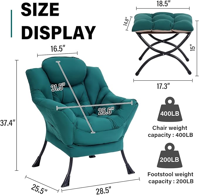 Lazy Chair with Ottoman, Modern Accent Chair Contemporary Sofa Chair with Armrests, Reading Chair and Folding Footstool Set for Living Room, Bedroom, Office