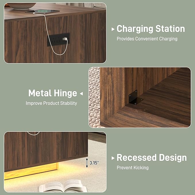 32" Mid Century Modern Coffee Table for Living Room, Square Center Table with LED Light & Power Outlet, Cocktail Table with Storage, 2-Tier Minimalist, Deep Beveled Edge, Wood Thick Design, Walnut