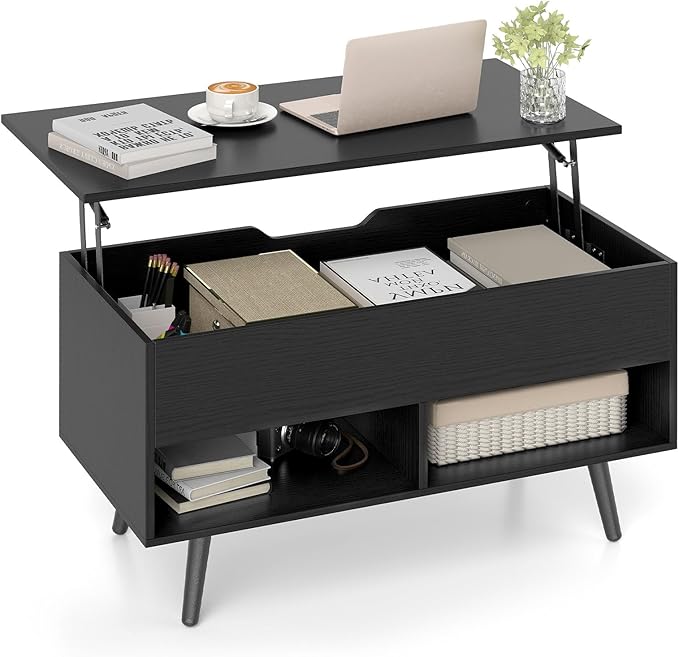Giantex Lift Top Coffee Table, Modern Cocktail Table w/Hidden Compartment & 2 Open Shelves, Flip Top Center Table, Wooden Pull up Coffee Table for Living Room, Reception Room, Office (Black)
