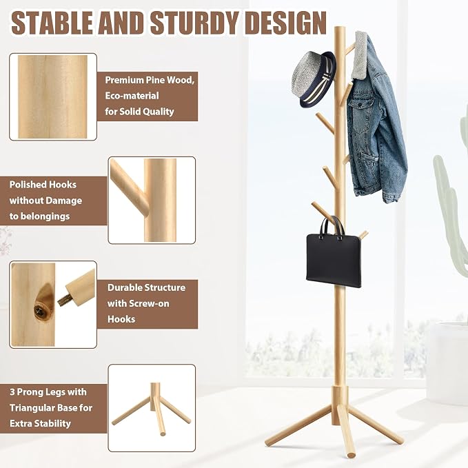 Haddockway Wooden Coat Rack Stand with 8 Hooks New Zealand Pine 3 Adjustable Coat Standing Tree Easy Assembly for Coats, Hats, Scarves and Handbags for Entryway, Hallway, Bedroom, Office - Image 3