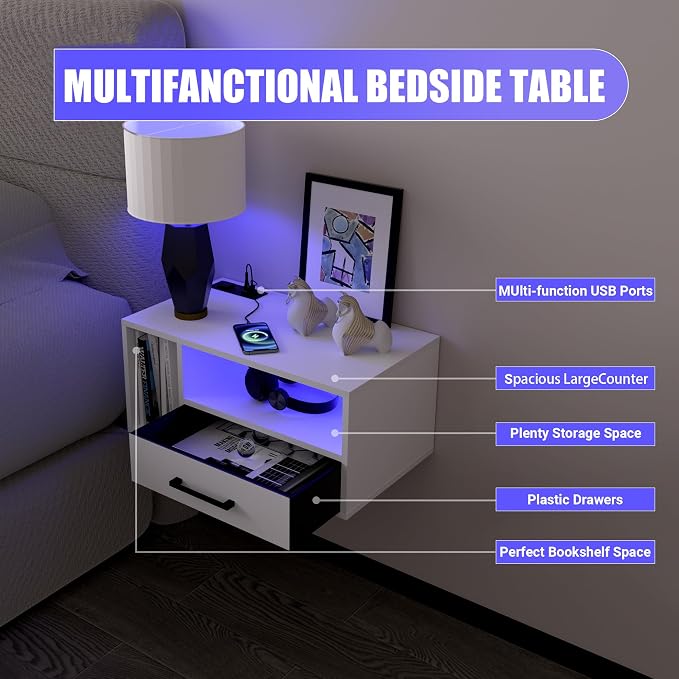 Floating Nightstand with Charging Station and LED Light Strips, 21.3" Night Stand with Drawers, Floating Bedside with USB Ports and Outlets, Bedroom Furniture - Image 7