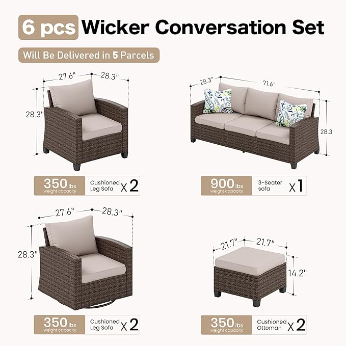 Swivel Glider Patio Furniture Set Outdoor Furniture Brown Wicker Rattan Patio Conversation Sets with Cushion Outside Sofa Set,7 Pieces 9 Seats,Beige
