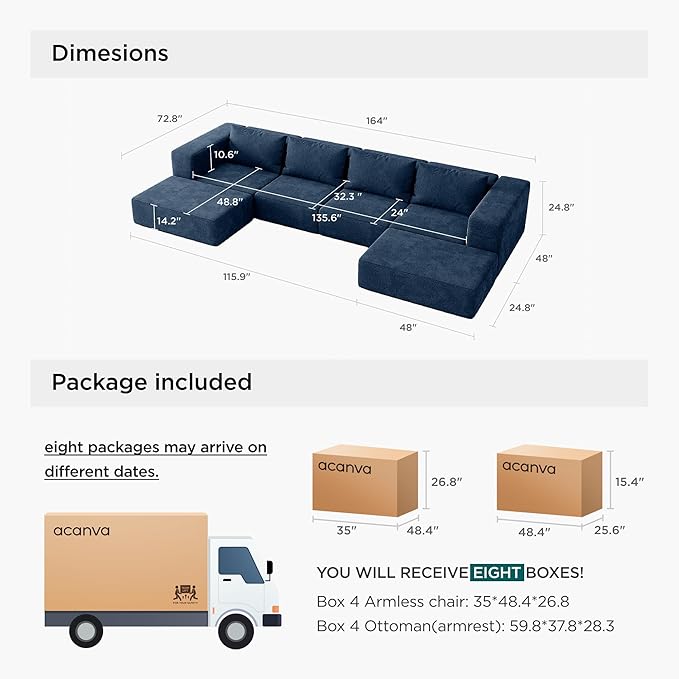Acanva Oversized Modular Sectional Sofa with Removable Washable Slipcovers, Modern Low Profile Deep Seat Couch for Living Room, Chenille-Royal Blue, 4 Armless Chairs & 4 Armrests/Ottomans