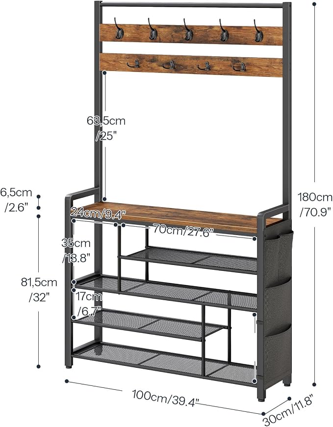 HOOBRO Hall Tree with Bench, Shoe Rack with Coat Rack, 39.4" Coat Rack with Shoe Storage, 5 Tier Shoe Storage Organizer, Oxford Fabric Side Pockets, Coat and Shoe Rack Entryway, Rustic Brown BF46MT01 - Image 4