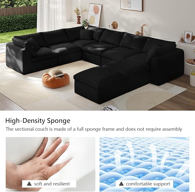 Modular Sectional Sofa Boneless Cloud Couch for Living Room, U Shape Deep Seat Recliner Sofa with Ottoman, Adjustable Backrest & 2 Throw Pillows - Covers Washable, (Black, 6 Seater+2 Ottoman)