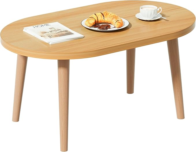 Coffee Table Low Table with 4 Solid Wood Leg, Floor Table Desk for Sitting on The Floor, Small Oval Coffee Table for Small Space, Side Table Japanese Coffee Table for Living Room Apartment Home, Brown