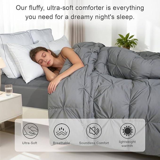 Pinch Pleat Goose Feather Microfiber Down Comforters Queen Size, Grey 100% Cotton Duvet Insert, Fluffy Medium Warmth Bedding Comforter with Corner Loops (Light Grey, 90 x 90 Inch)