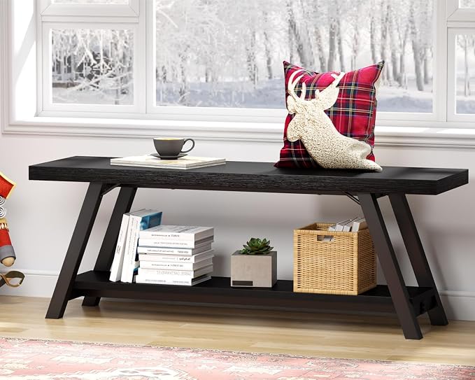 LVB Black Bench, Modern Storage Bench for Bedroom, Wood Metal Entryway Bench for Hallway Dining Living Room, Famrhouse Shoe Rack Indoor Accent Seating Benchs for Foyer Entrance, Black Oak 47 Inch Long - Image 8