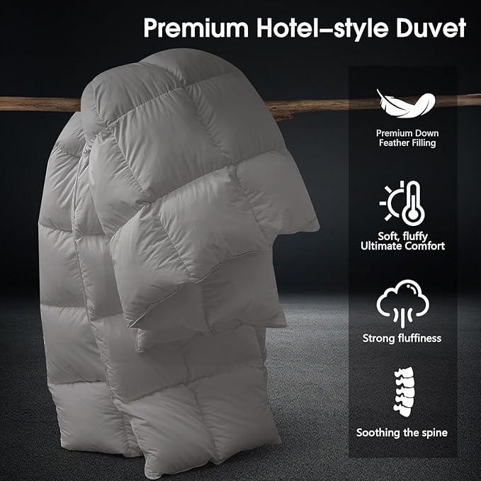 CYMULA King Size Feather Down Comforter - All Season Dark Grey Duvet Insert, Lightweight Box Stitched, Fluffy Breathable, Ultra Soft Quiet Hotel Style with 8 Tabs(90" x 106")