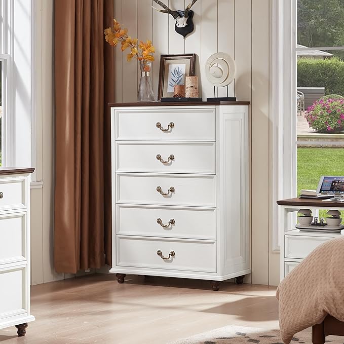 Joaxswe 24" Wide Farmhouse Nightstand with Charging Station Set of 2,54" 7 Drawers Dresser, 45" Tall Rustic Chests of 5 Drawers, Farmhouse Furniture Series for Bedroom,White