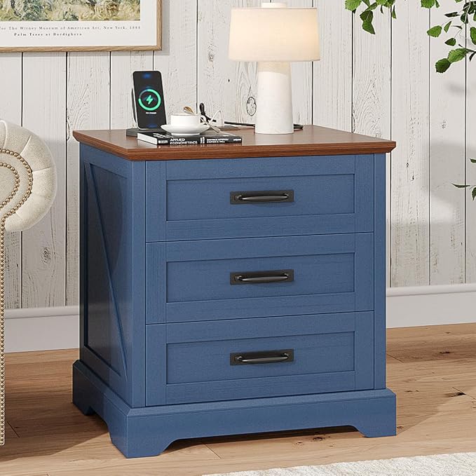 Whalefall Farmhouse Nightstand with Charging Station, 3 Drawers Bedside Table, 22 inch Wide End Table for Bedroom, Blue - Image 3