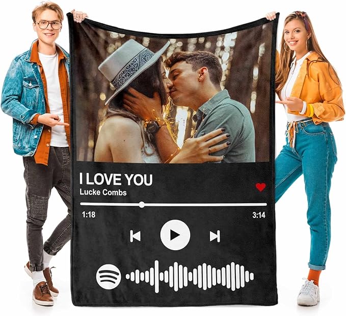 Printwoo Personalized Spotify Code Music Blanket Custom Blanket with Picture Text Customized Blankets Thows Photo Blankets Customize Gifts for Mom Dad Couple Girlfriend Boyfriend Wife Husband