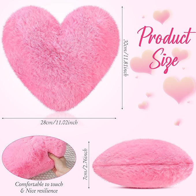 Marsui 2 Pcs Heart Throw Pillows, Soft Fluffy Faux Fur Decorative Hearts Shaped Pillows for Living Room Sofa Bed, Cute Heart Themed Gift for Women(Bright Pink,11.81 x 11.02 Inch)