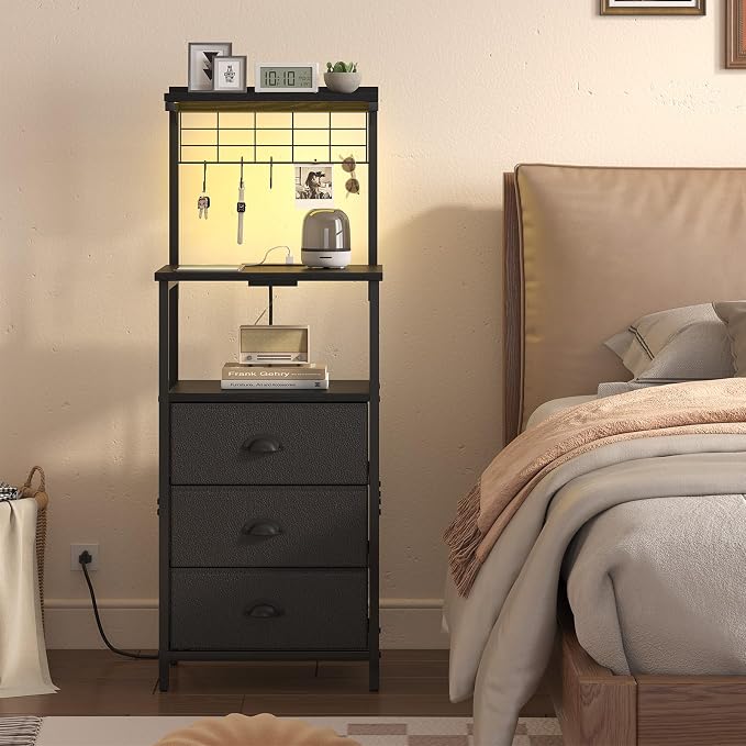 sthmec Bedside Tables Tall Nightstands with Charging Station, LED Bedside Table for Bedroom - 3 PU Fabric Drawers, Hooks, Black - Image 6