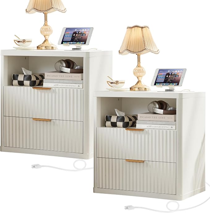 LEYAOYAO Fluted Nightstand Set of 2 with Charging Station, 23" Wide 2 Drawers End Table,Antique White Dresser for Bedroom,Bed Side Table Chest of Drawers Cabinet,Wood Night Stand for Living Room by LEYAOYAO-Findtheshiningpointofyourideallife%EF%BC%81
