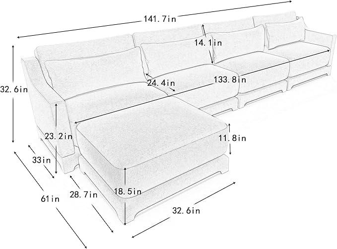 Ball & Cast 141.7" Modular Sofa Couch with Deep Seat Chenille Sofa and Wide Armrest,Ottoman, Modern Comfy 4-Seater Couch for Living Room, Office, Apartment, Easy to Assembly, Beige