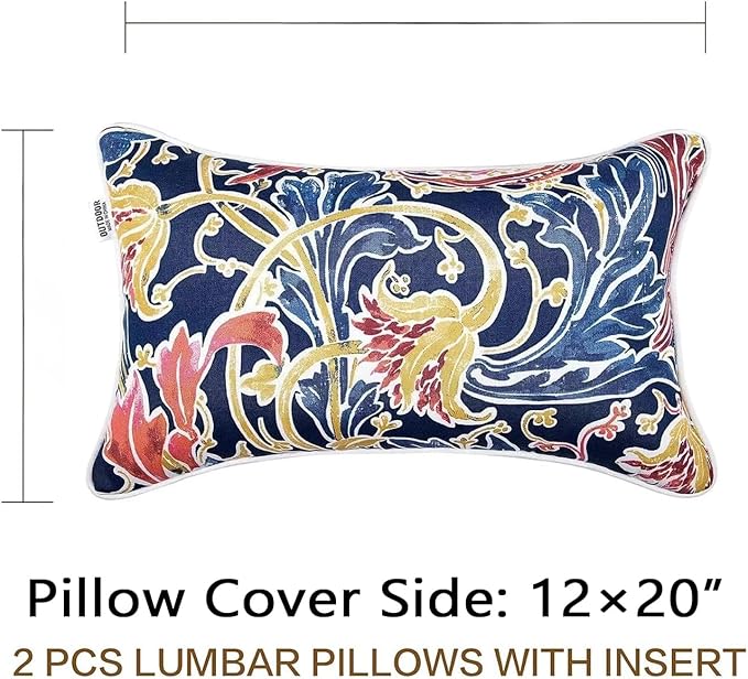 JMGBird Water-Resistant Outdoor Pillows Set of 2, 12x20 inch Durable Blue with Pomegranate Flower Pattern Throw Pillows with Inserts for Patio Furniture