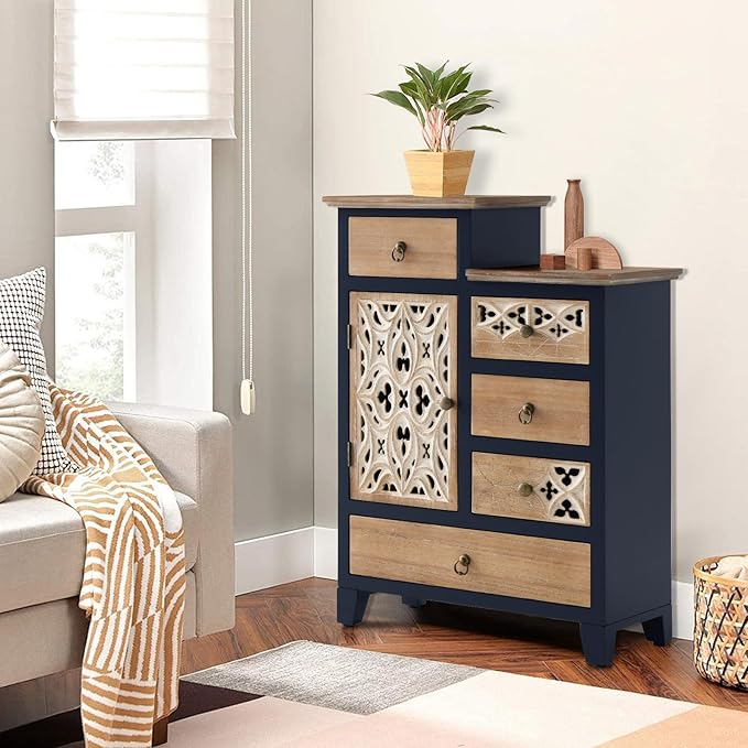 Ahokua Farmhouse Accent Chest with Carved Door and 5-Drawers, Vintage Storage Cabinet Modern Dresser for Living Room, Entryway, Hallway, Multi-Drawer Organizer, Natural and Deep Blue by Ahokua