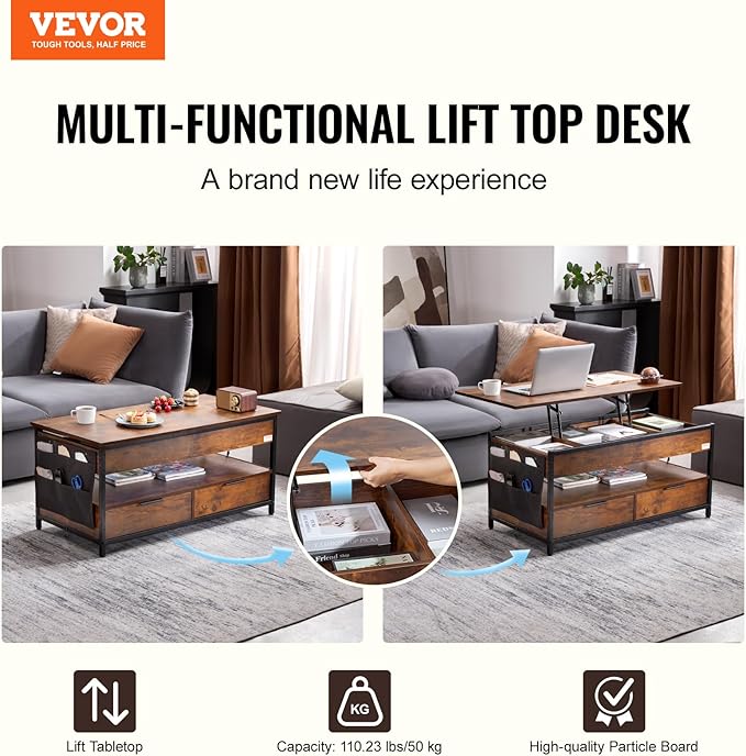 VEVOR Lift Top Coffee Table, 39.4 in Rectangle Coffee Table with Extra Storage Pockets, Pop Up Coffee Table with Power Strip & USB & Ambient Lighting for Living Room, Brown