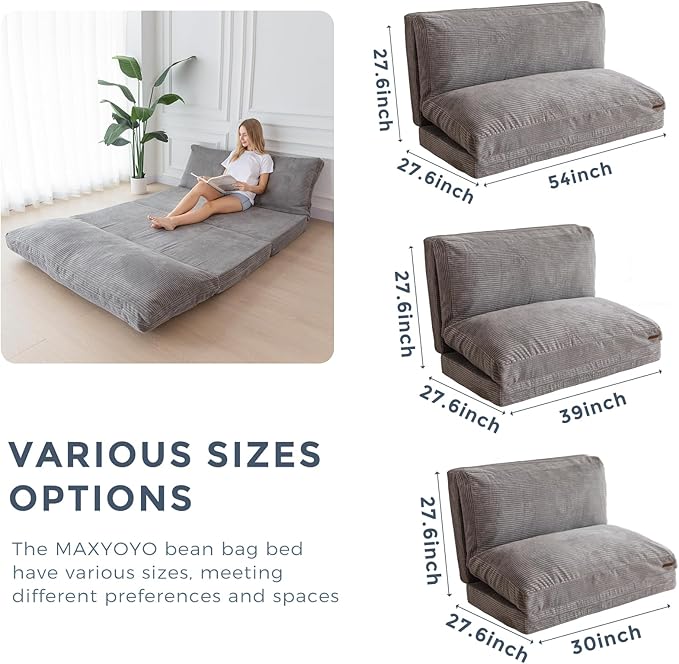 MAXYOYO Folding Sofa Bed, Extra Thick and Long Floor Sofa Convertible Sleeper Chair with Washable Cover, Floor Couch Lounge Bean Bag Bed for Living Room, Grey, 30x95 Inch