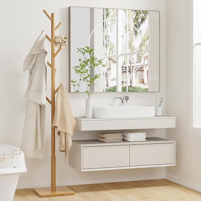 Coat Rack Freestanding with Stable Square Base for Cloathes, Hat, Used in Bedroom, Office and Entryway, Sturdy and Easy Assembly Coat Tree with 3 Adjustable Sizes and 8 Hooks, Natural - Image 3