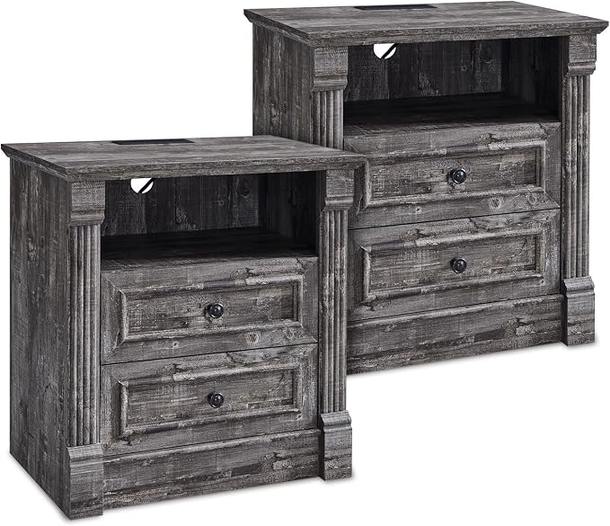 26" Tall Farmhouse Nightstand Set of 2, 2 Drawers End Table w/Charging Station, 23.6" Wide Large Side Table w/Roman Column, Wood Rustic Sofa Table w/Open Shelf, Bedside Table for Bedroom, Light Gray by AITJUNZ