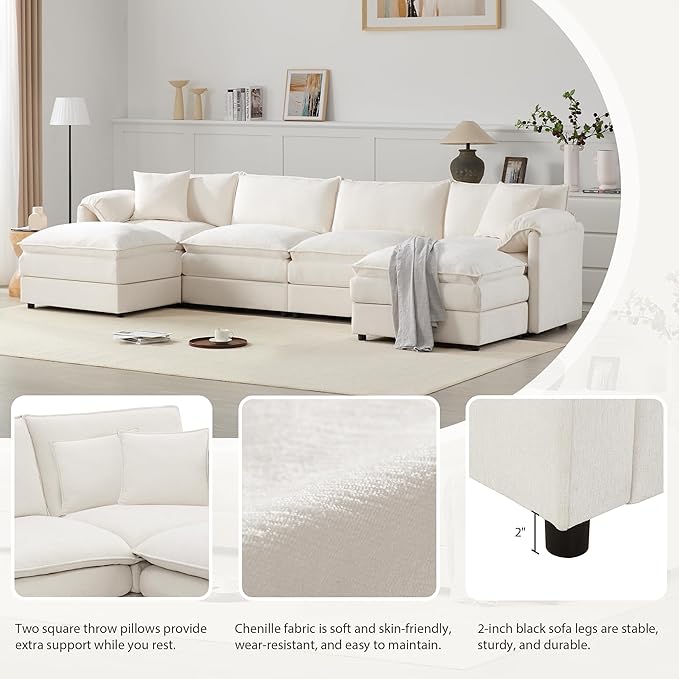 Merax 136" Chenille Modular Sectional Sofa, 6-Seat U-Shaped Oversized Cloud Couch Set, with Double Cushions and Movable Ottomans, Deep & Wide Seating, Cream
