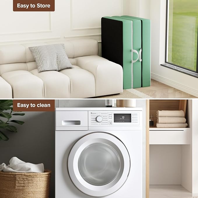 ROXGOX Memory Foam Trifold Mattress, Single Portable Floor Bed 4 Inch, Foldable Mat with Washable Cover, Handle & Non-Slip Bottom, for RV, Travel, Camping, Yoga, 75"x25"x4", White Green