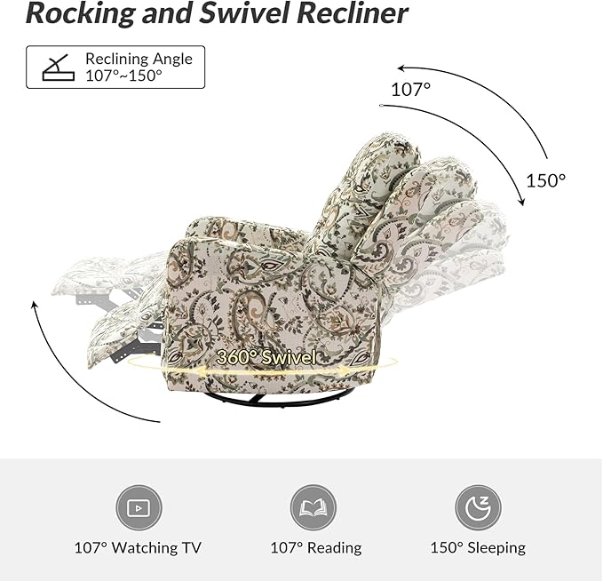 HULALA Home Recliner Chair Set of 2, Modern Printed Fabric for Living Room, Rocker Recliner Sofa Comfy Armchair 360 Degree Swivel, Nursery Rocking Chairs with Adjustable Backrest & Footrest/SAGE