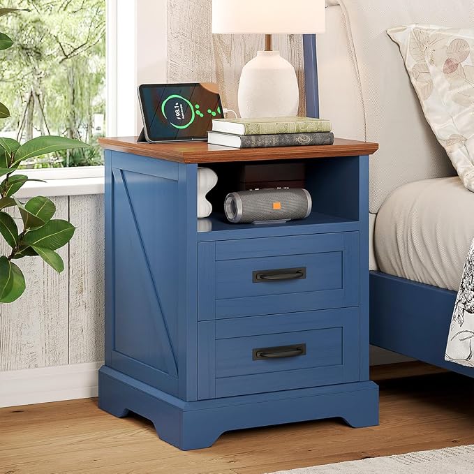 Whalefall Farmhouse Nightstand with Charging Station, 2 Drawers Bed Side Table, 18 inch Wide End Table for Bedroom, Living Room, Blue by Whalefall