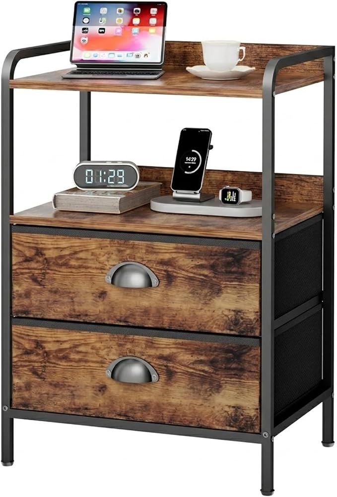 Night Stand, End Table with 2 Drawers Nightstand for Bedroom, Small Fabric Dresser Organizer, Bedisde Table Side Table with Open Storage Shelf, Rustic Brown by Unknown