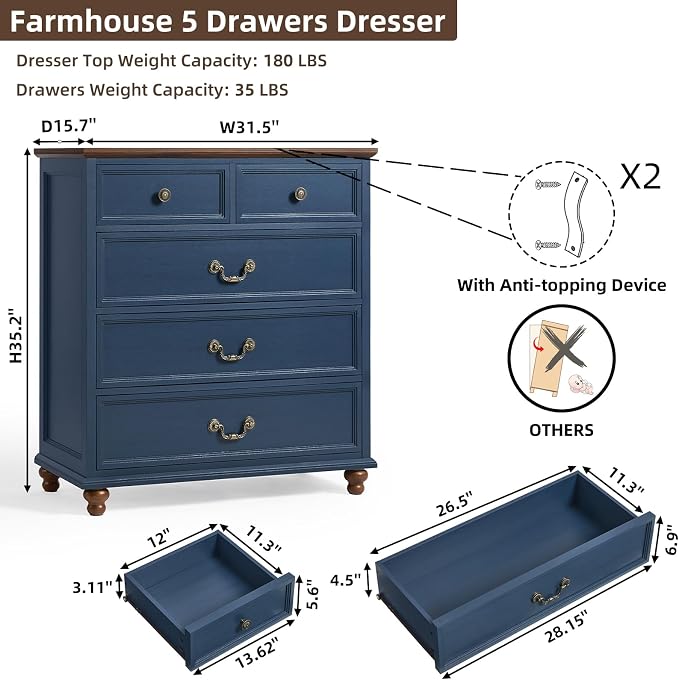 Joaxswe Farmhouse 5 Drawer Dresser for Bedroom, 35" Tall Rustic Chests of Drawers w/ 4 Solid Wood Feet, Mid Century Modern Wooden Closet Storage Dressers Organizer for Living Room, Hallway,Blue - Image 2