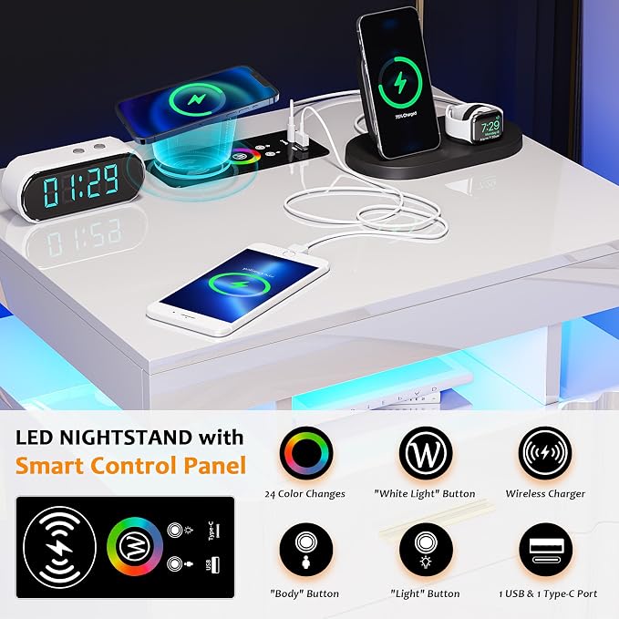HNEBC LED Nightstand Set of 2,White Night Stand with Charging Station-USB+Type-C+Wireless Charging,Smart Bedside Table has Auto Sensor, High Gloss Bedside with 3 Drawers for Bedroom (1PCS-Black) - Image 5