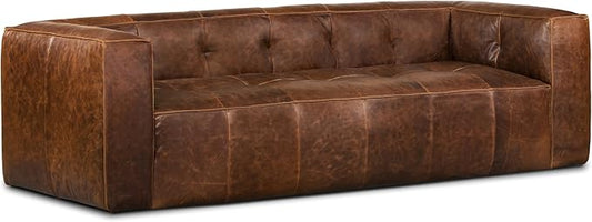 POLY & BARK Capa 96.5" Sofa – Chocolate Brown Full-Grain Pure-Aniline Italian Leather, Boxy Modern Design, Feather-Fiber Cushions, Solid Wood Frame